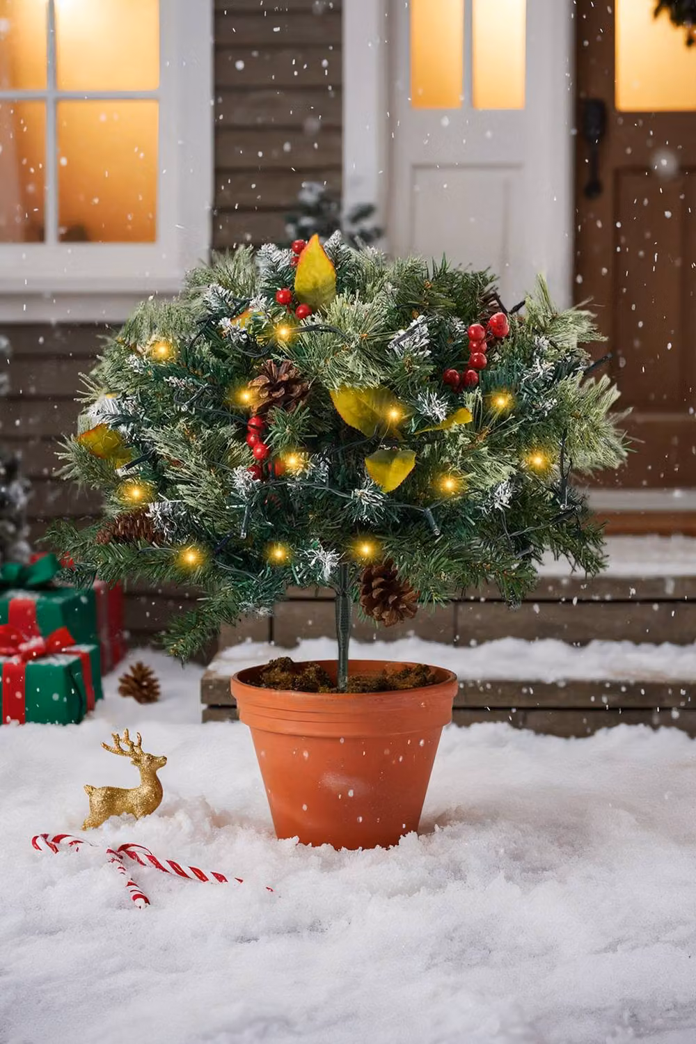 Living and Home Pre-Lit Artificial Christmas Tree Urn Filler with Yellow Leaves in Green and White – 2