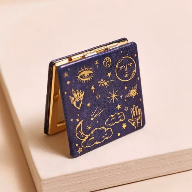 Lisa Angel Round Metal Tabletop Compact Mirror in Blue and Gold