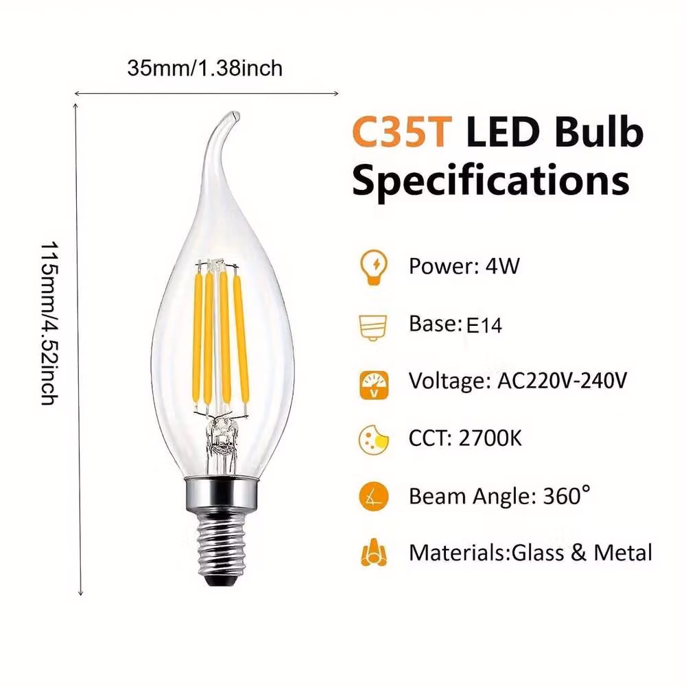 EONLION 12 Pack E14 LED Flame Bulb 4W C35 Vintage Filament Chandelier in Clear Warm White – 2