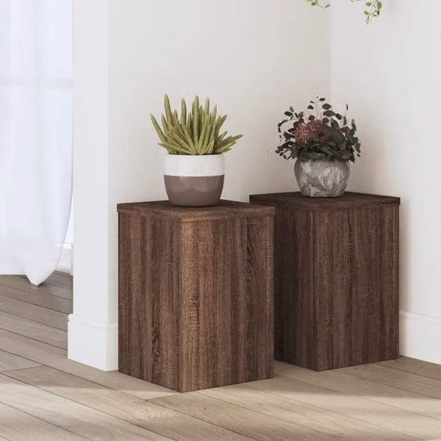 Berkfield Home Set of 2 Modern Square Plant Stands in Brown Oak, W/D/H: 20 x 20 x 30 cm
