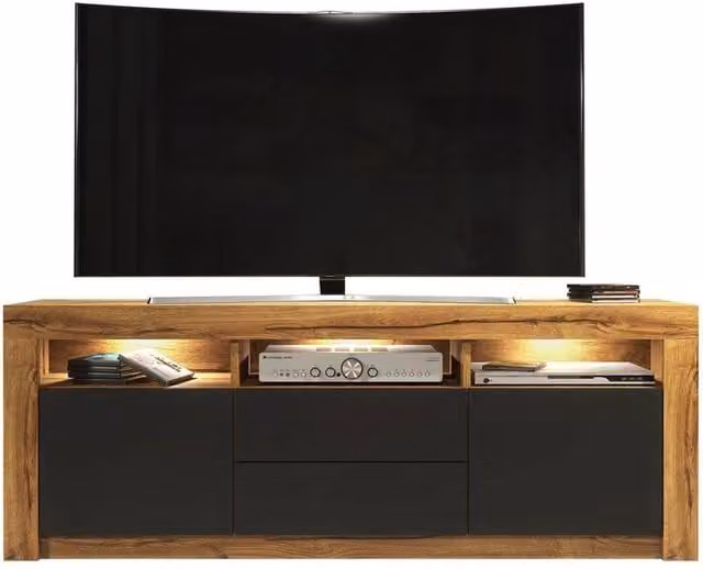 FORGEVIO Modern Wood TV Unit and Sideboard Cabinet in Brown and Black with Integrated Lighting