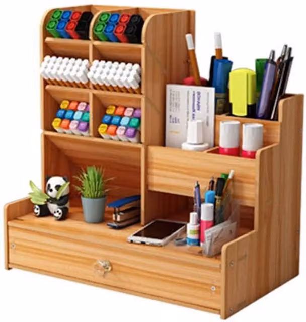 VOGREX Desktop Organiser Pen Holder and Tabletop Storage Box with Drawer in Brown Wood – 1