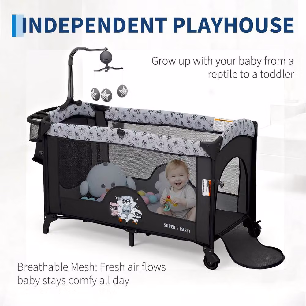 London Boutique 4 in 1 Pack & Play Baby Bassinet Sleeper, Portable Playpen and Changing Table in Black, W/D/H: 120 x 60 cm – 3