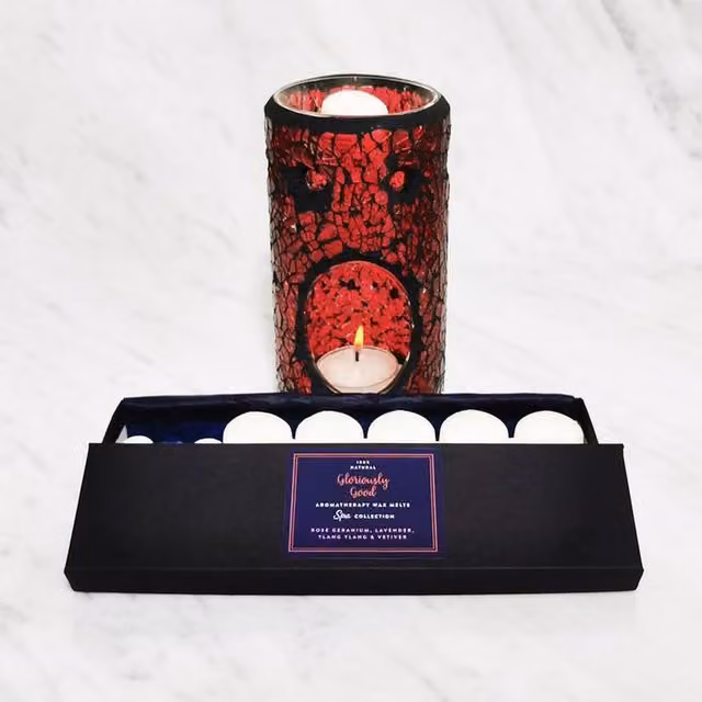 Gloriously Good Rose Geranium, Lavender, Ylang Ylang and Vetiver Floral Wax Melts and Red Glass Tabletop Burner Set
