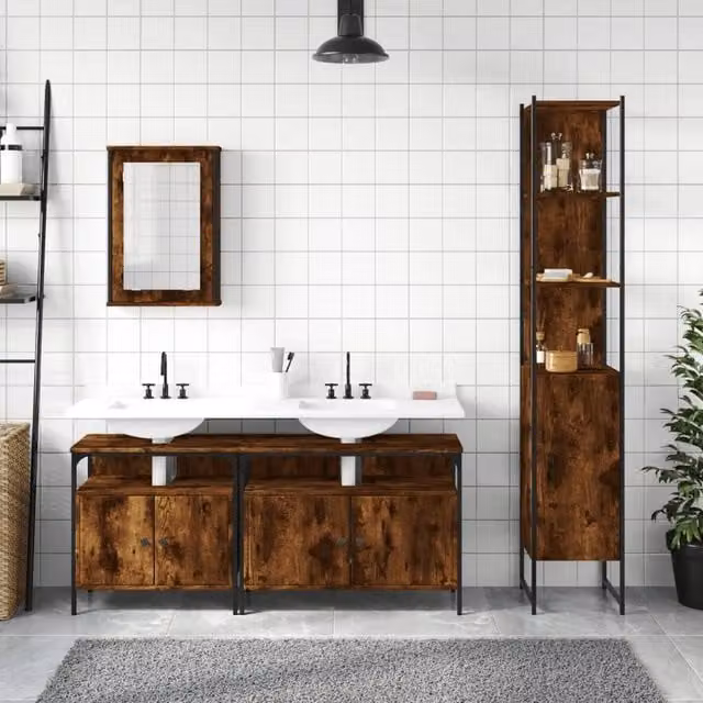 Berkfield Home 4 Piece Industrial Bathroom Furniture Set in Brown Smoked Oak – 1