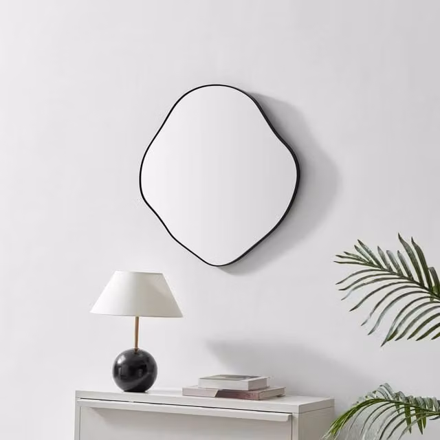 FurnitureboxUK Vita Pebble Shape Wall Mirror in Black Metal, W/H: 60 x 60 cm