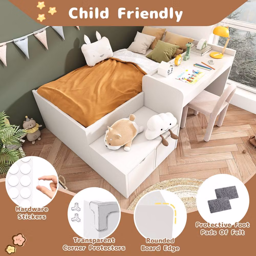 Merax Single Kids Bed Frame with Desk and Storage Drawers in White, W/D/H: 90 x 190 cm – 5