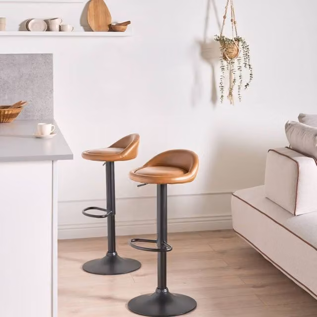 Wyld and Coco Set of 2 Golden Brown Faux Leather Bar Stools with Swivel and Adjustable Height – 1