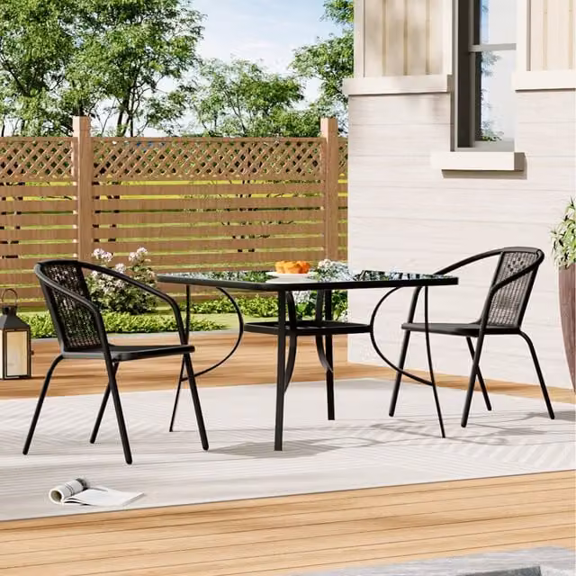 Livingandhome Modern Metal Outdoor Bistro Set with Black Square Glass Table and 2 Brown Stacking Chairs