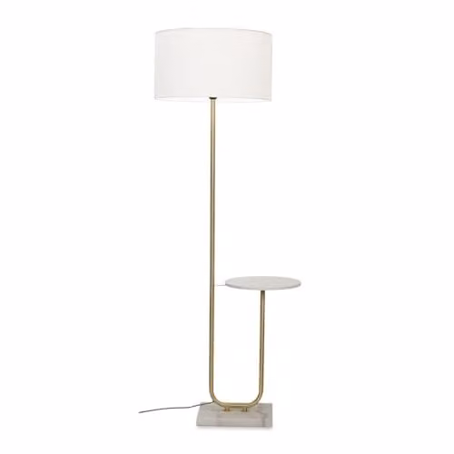 ValueLights Brushed Gold Floor Lamp with Brown Marble Base and Large White Fabric Shade