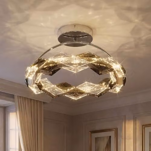 Globo Lighting Karilion LED Semi Flush Ceiling Light in Chrome and Grey with Smoke Crystal, Height: 37 cm – 2