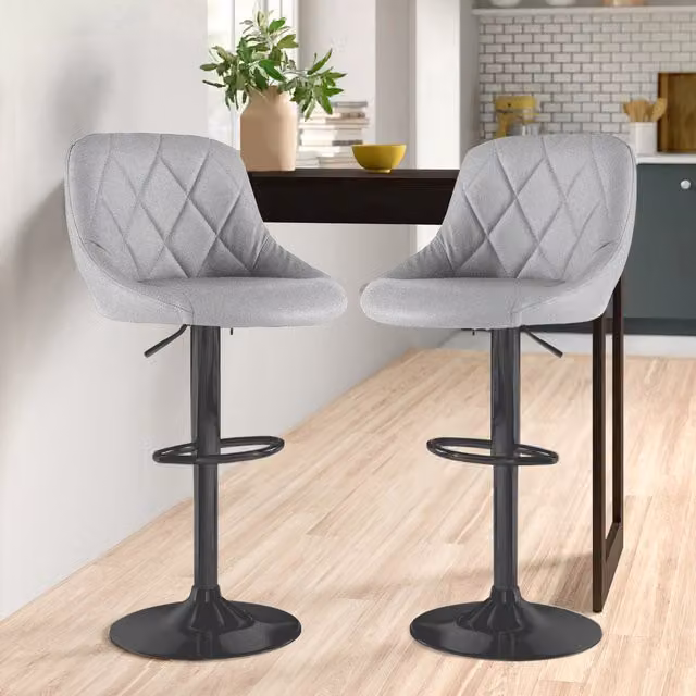 Neo Set of 2 Modern Grey Fabric Swivel Barstools with Matt Black Metal Legs