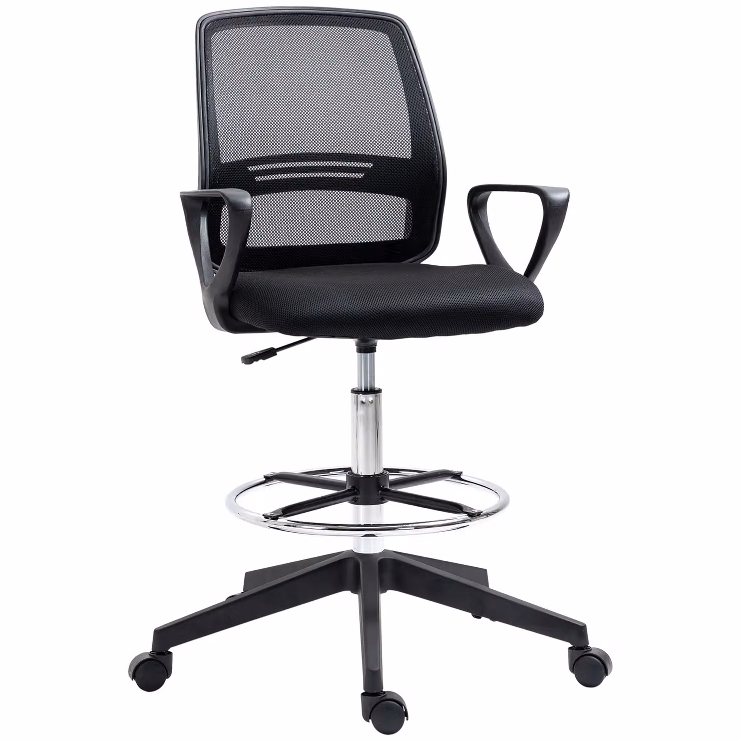 VINSETTO Black Fabric Draughtsman Office Chair with Metal Foot Ring and Adjustable Height – 2