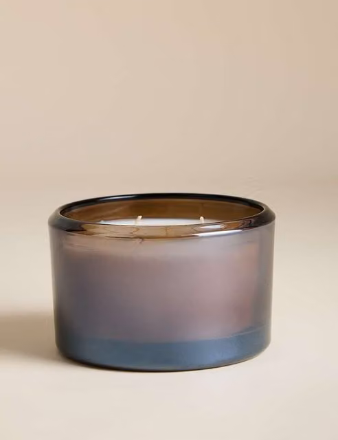 M&S Frankincense & Myrrh Large 3 Wick Pillar Candle in Beige Glass