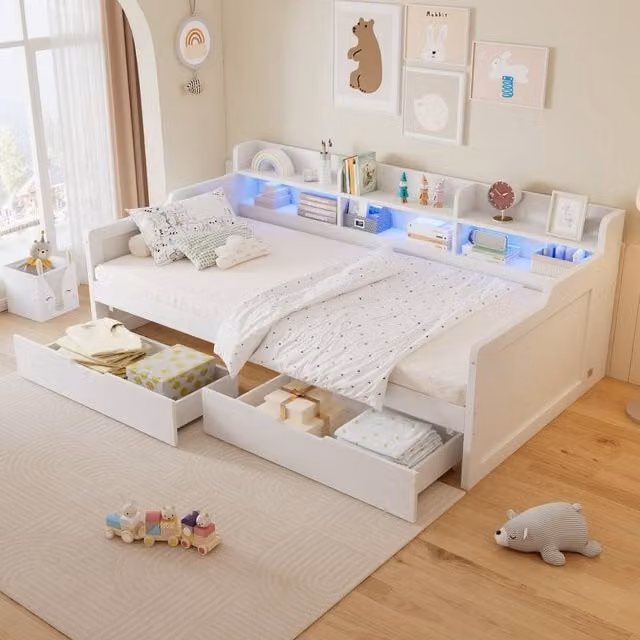 Merax White Wooden Single Storage Daybed with LED Lighting, Shelves and Drawers, W/D/H: 90 x 190 x 70 cm – 1