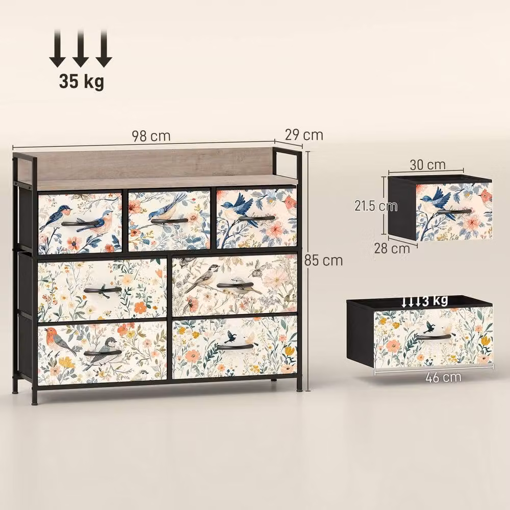 HOMCOM Multicolour Floral Fabric Chest of Drawers with Open Shelf – 3