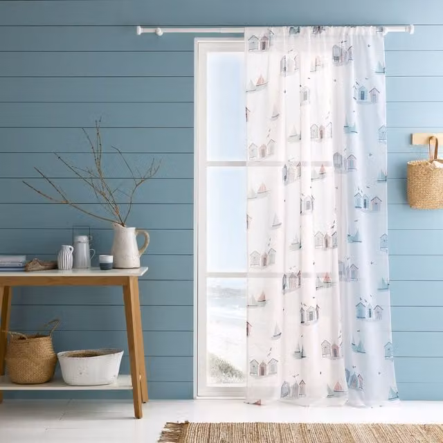 Fusion Beach Huts Coastal Blue Single Voile Curtain in Viscose with Rod Pocket