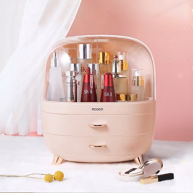 Livingandhome Freestanding Makeup Organizer with 2 Drawers, Pink and Transparent, Width: 34 cm, Depth: 34 cm