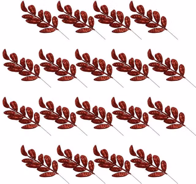 Shatchi Red Glitter Walnut Leaf Christmas Tree Picks, 6 Pack, Height: 35 cm – 1