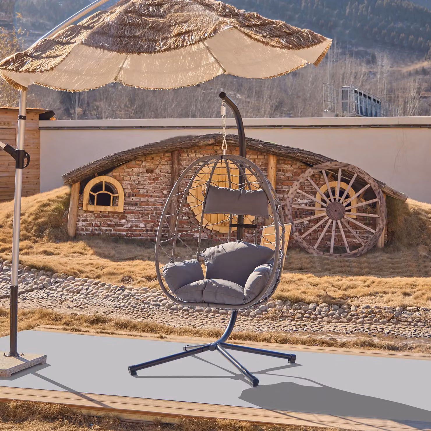 Nordlys Black Rattan and Metal Hanging Armchair – 2