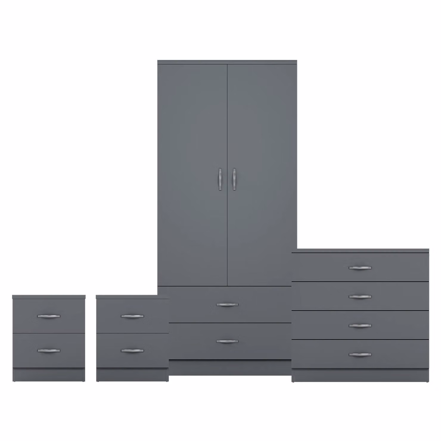 Vida Designs Riano 4 Piece Grey Bedroom Set with 2 Drawer Bedside Tables and 4 Drawer Chest – 2