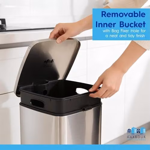 Harbour Housewares 30L Square Stainless Steel Kitchen Pedal Bin in Silver with Soft-Close Lid and Removable Inner Bucket, W/D/H: 33.5 x 28.0 x 54.5 cm – 4
