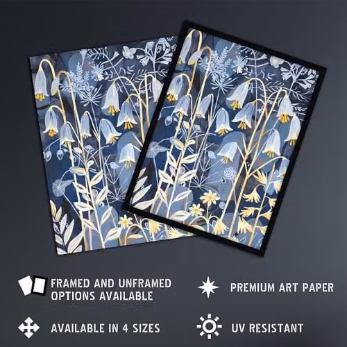 Artery8 Bluebells at Night Botanical Wildflower Framed Wall Art Print, Blue, H 29.7 cm x W 21.0 cm x D 0.5 cm – 2