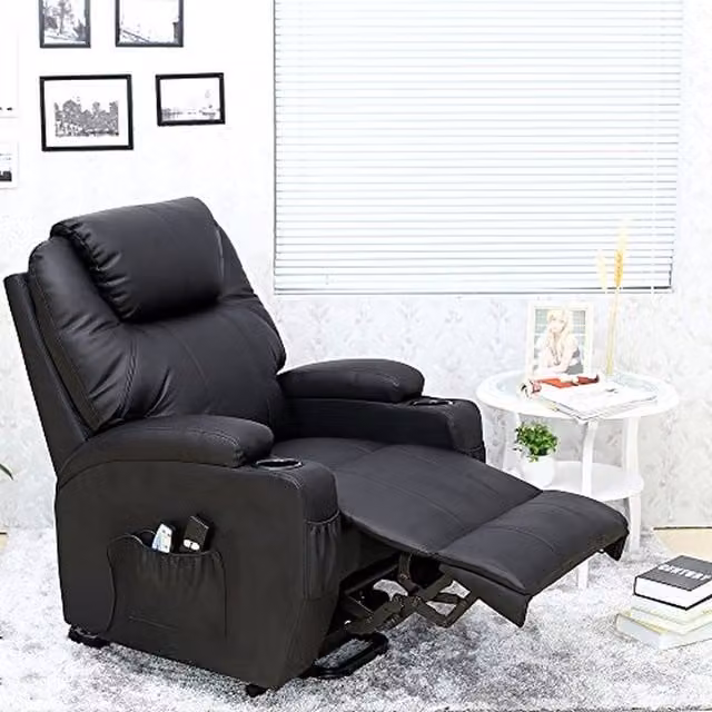 More4Homes Cinemo Electric Rise Recliner Massage and Heat Armchair in Black Synthetic Leather