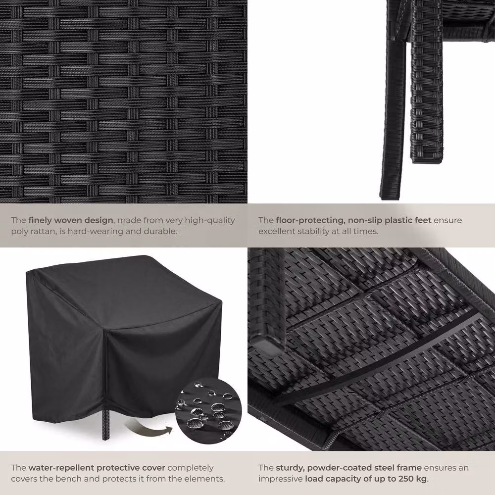 tectake Murat 2-Seater Rattan Garden Bench in Matt Black – 5