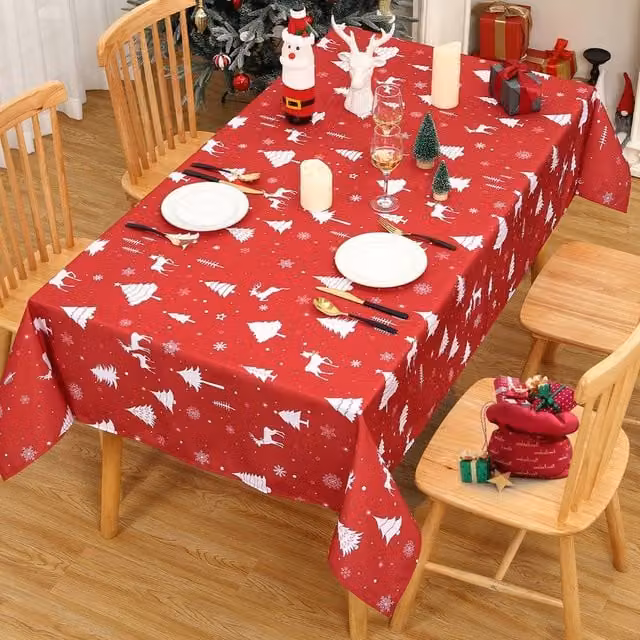 London Boutique Red Christmas Tablecloth, Waterproof and Washable Rectangular Table Cover, W: 137.16 cm, D: 274.32 cm