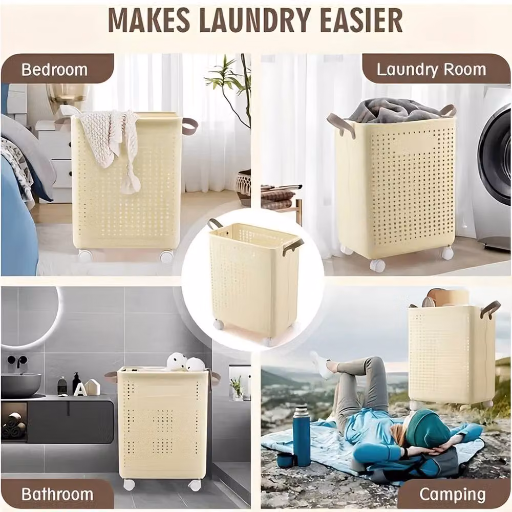SPETLEK Large Foldable Laundry Basket in Beige with Handles – 3