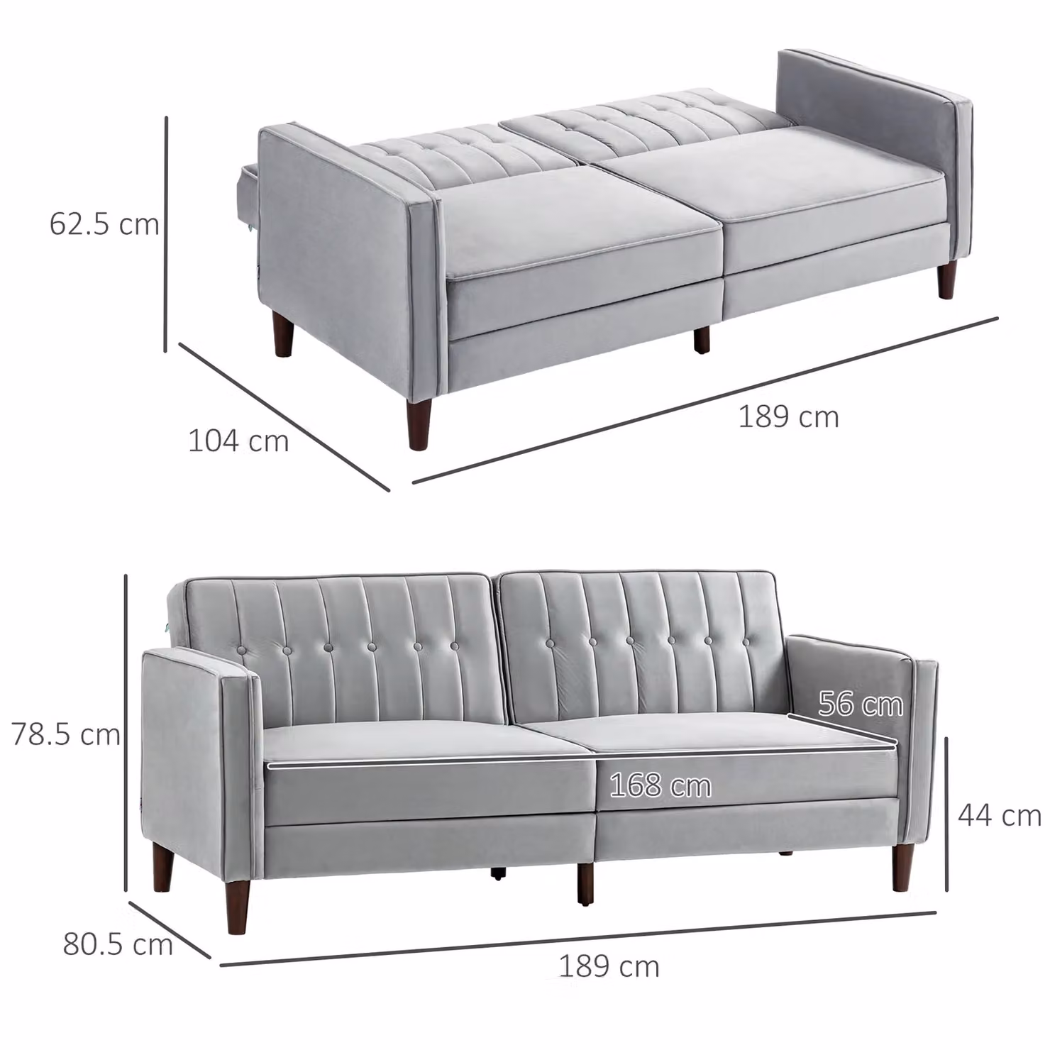 HOMCOM Convertible Velvet-Touch Tufted Sofa Bed in Light Grey with Metal Frame and Click-Clack Sleeping Function – 3