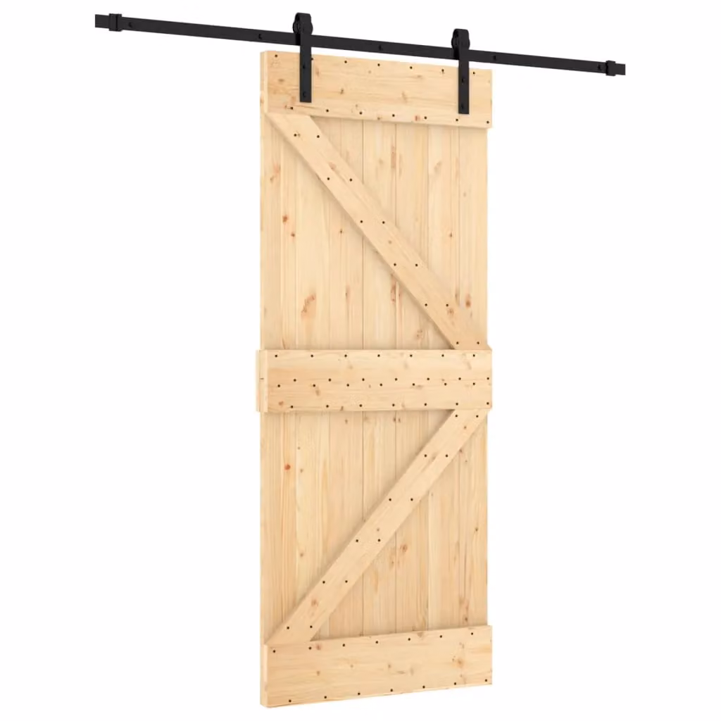 Berkfield Home Rustic Solid Wood Pine Sliding Door with Hardware Set in Brown, W: 85 cm, H: 210 cm – 2