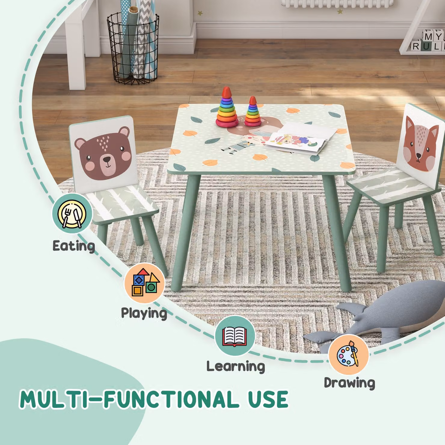 ZONEKIZ Kids Table and Chairs Set, 3 Piece Green Childrens Activity Desk and Chairs for Bedroom or Nursery – 3