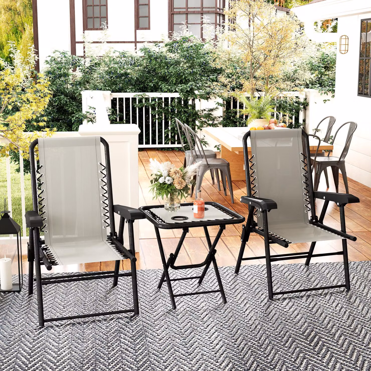 Outsunny Three-Piece Modern Garden Table and Chair Set with Glass Top in White – 2