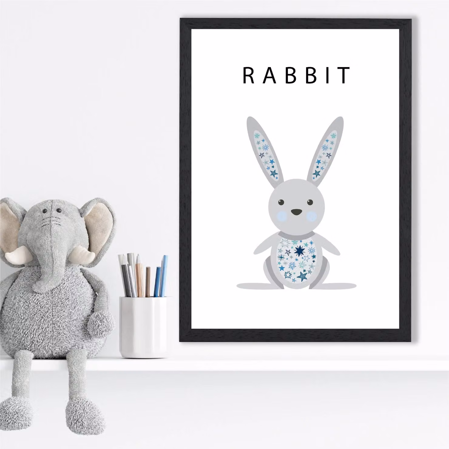 ARTZE Cute Rabbit with Blue Stars Framed Print, Pale Blue and Black, A3 – 2