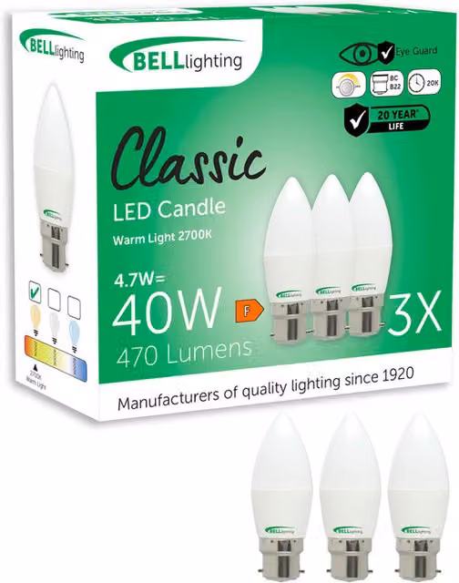 British Light Works B22 Bayonet Dimmable LED Candle Bulbs, 4.7W, Warm White 2700K, Pack of 3