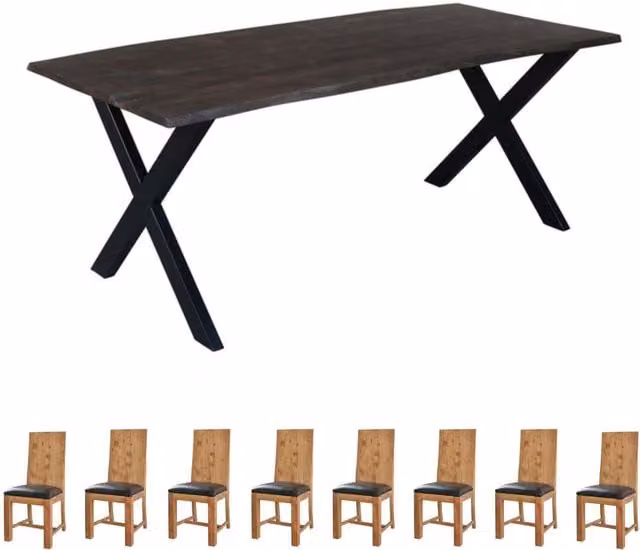 IH Design Live Edge Acacia Wood and Metal Dining Table Set with 8 Chairs in Grey, Black and Brown, W: 200 cm, H: 78 cm