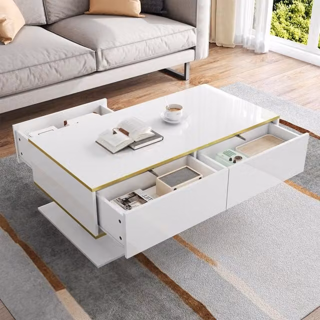 Aosom UK Modern LED Coffee Table with High-Gloss White Finish and Gold Accents, featuring Storage Drawers, W: 100 cm, D: 50 cm, H: 40 cm