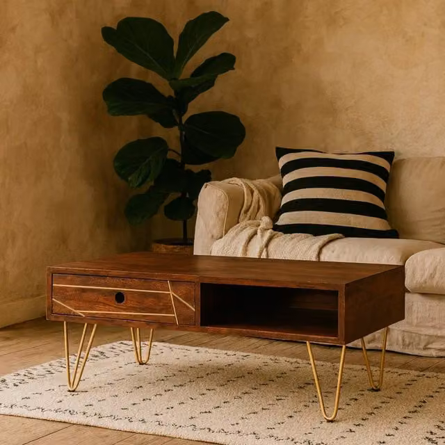 Wyld Haus Bandung Rectangular Mango Wood Coffee Table with Gold Inlay in Brown, W/D/H: 60 x 45 x 42 cm – 1