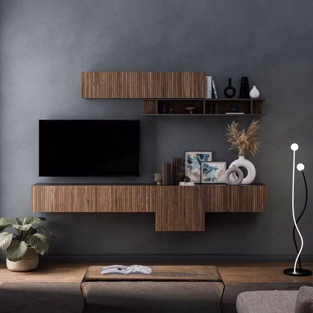 Decorotika Arezzo Wall Mounted Entertainment Center in Black and Brown with Alina Geometric Pattern