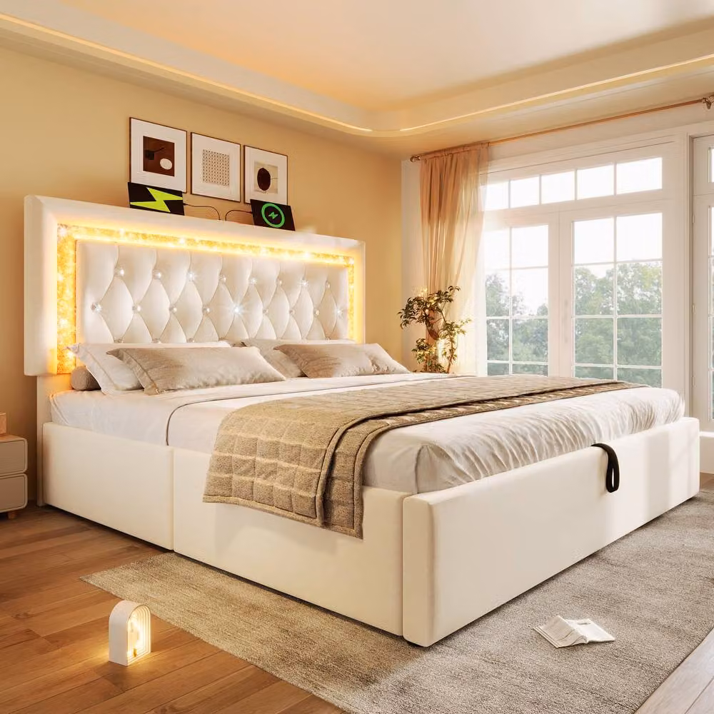 Rolipo Beige Velvet Super King Size Bed with LED Lighting, USB Charging Port and Hydraulic Storage W: 180 cm, D: 200 cm – 6