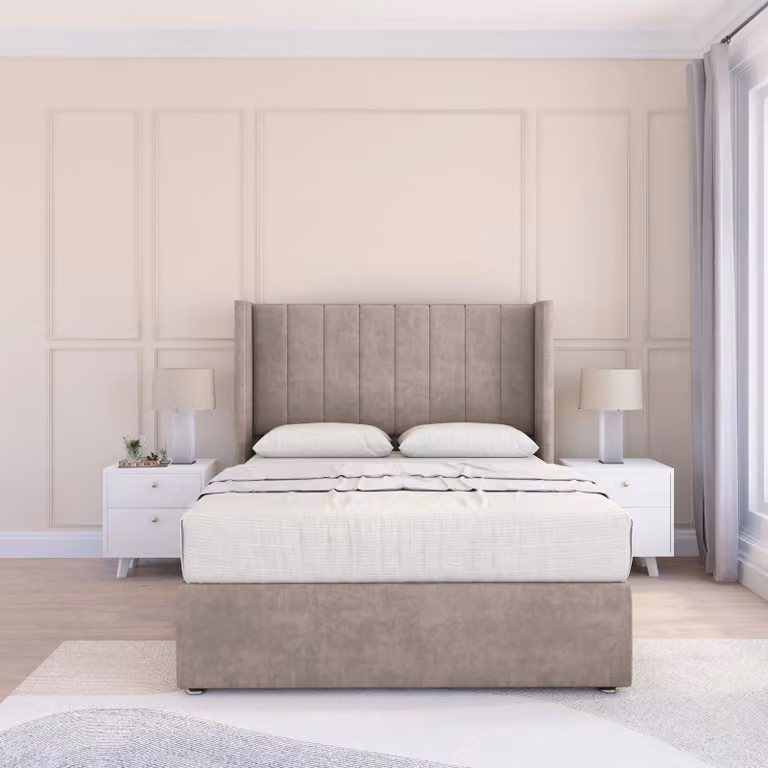 Sloomy Falcon Plush Wingback Bed Set in Beige Velvet with Floor Standing Headboard, W/D/H: 90 x 200 cm