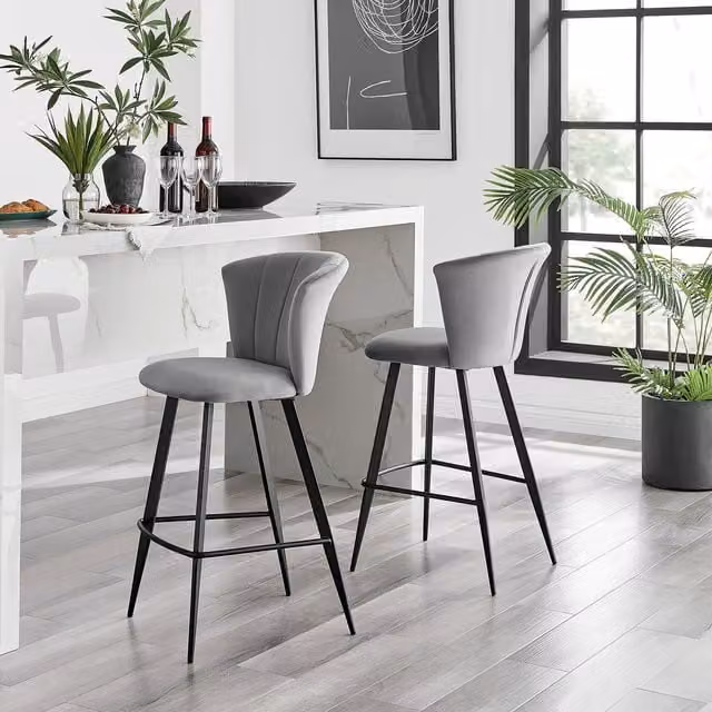 FurnitureboxUK Set of 2 Juniper Art Deco Counter Stools in Grey Soft Touch Velvet with Black Metal Legs – 1