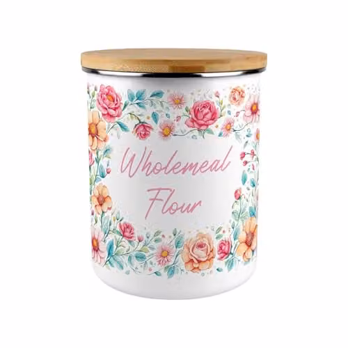 Purely Home Pink Roses Wholemeal Flour Canister - Floral Enamel Kitchen Storage Tin, 2.7L – 1