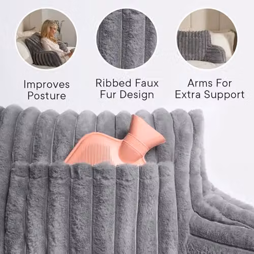 OHS Grey Faux Fur Ribbed Reading Pillow with Heatable Pocket and Back Support, W/D/H: 65 x 40 x 40 cm – 2