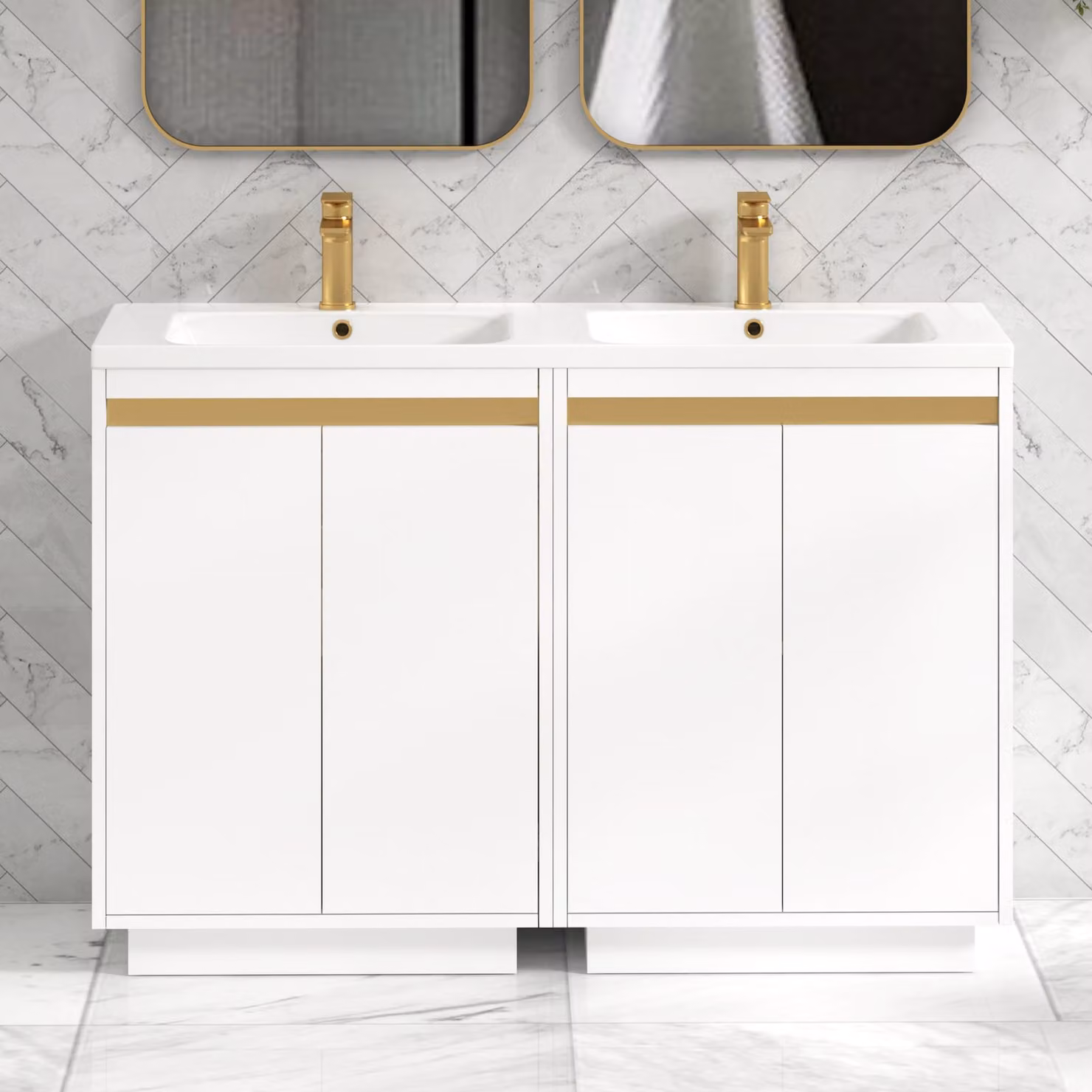 Royal Bathrooms Orion 1200 Matt White 4 Door Floor Standing Vanity Unit with Ceramic Basin and Brushed Brass Accent Trim