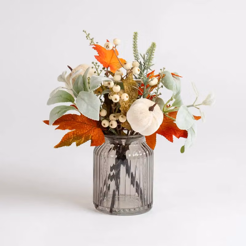Scottish Everlastings Ltd Pumpkin Arrangement in Orange and Green Ribbed Glass Vase, Height: 33 cm – 3