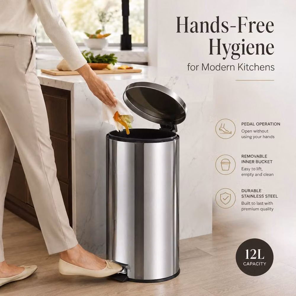 EONLION 12L Stainless Steel Pedal Bin with Removable Inner Bucket in Silver – 3