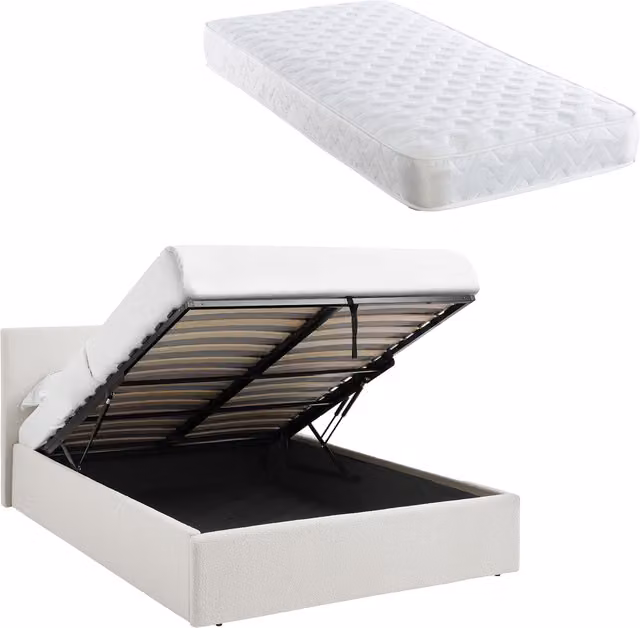 Teddy Boucle Small Double Ottoman Bed with Sprung Mattress, White Upholstered Frame, W/D/H: 120 x 200 cm